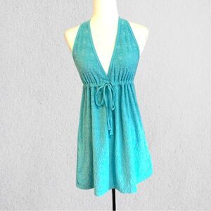 Y2K terrycloth halter turquoise mini dress swim cover